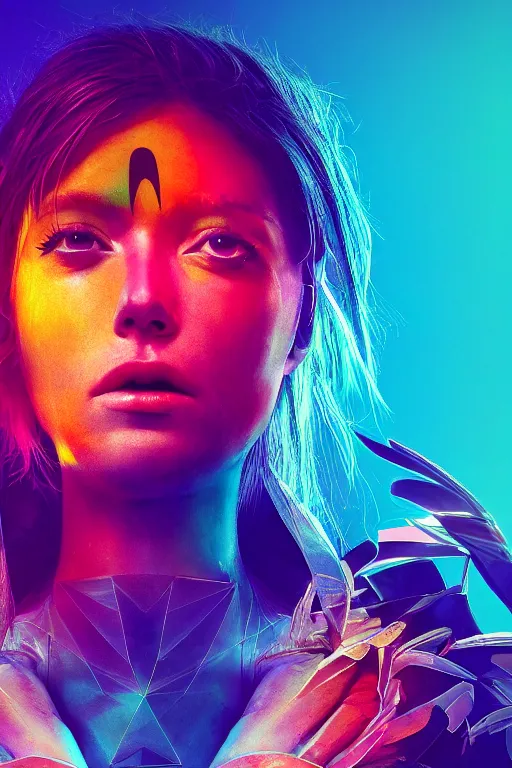 Image similar to a psychedelic close-up shot from below of a beautiful athletic woman with a parrot head, clear dark background, object spotlight, octane render, HD, 8k, hyper realism, beautiful color pallet, epic, synthwave art style