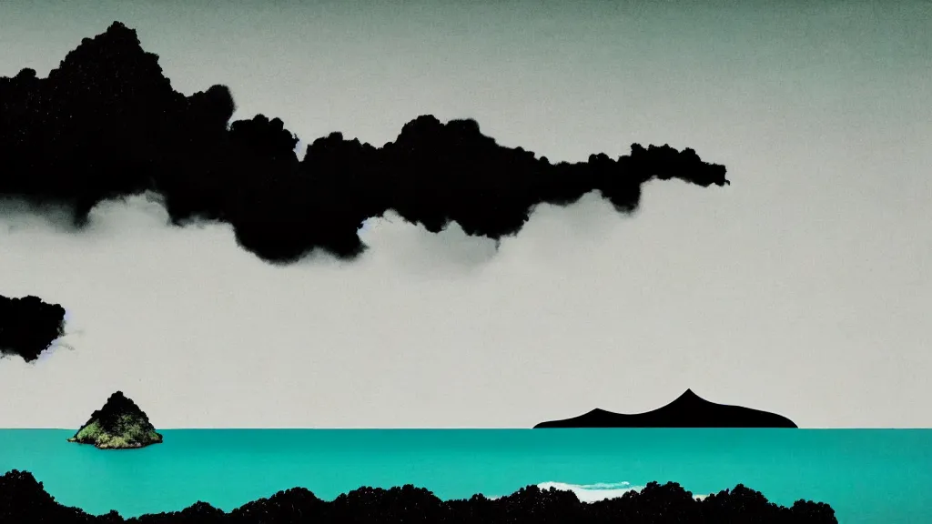 Image similar to dramatic landscape of amami oshima, japan, a collage painting, in the style of wes anderson, lola dupre, david hockney, isolated on negative white space background dark monochrome neon fluorescent spraypaint accents volumetric octane render