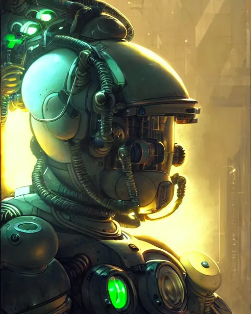 Image similar to luigi in a mech scifi suit with neurolink wires and small lights by, fantasy character portrait, ultra realistic, futuristic background by laurie greasley, concept art, intricate details, highly detailed by greg rutkowski, gaston bussiere, craig mullins, simon bisley