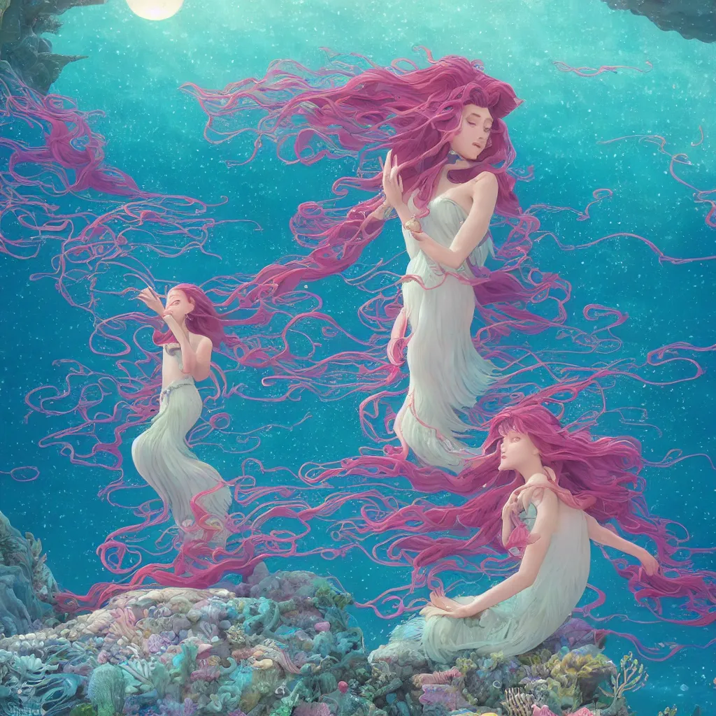 Image similar to a little mermaid in a long dress singing in the colorful ocean, correct human body and perspective, pearls and shells, fantasy art by ferdinand knab, makoto shinkai and ilya kuvshinov, rossdraws, tom bagshaw, trending onstudio ghibli, radiant light, highly detailed, octane render, 8 k