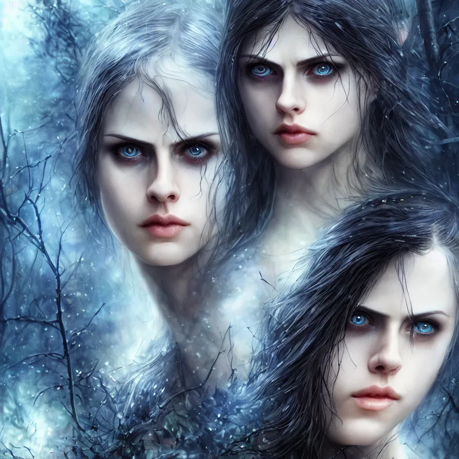 Image similar to photo of a gorgeous nordic female, covered in blue blood, in a dark forest, alexandra daddario face!, realistic, sharp focus, 8 k high definition, insanely detailed, intricate, elegant, art by stanley lau and artgerm, luis royo, greg kutkowski