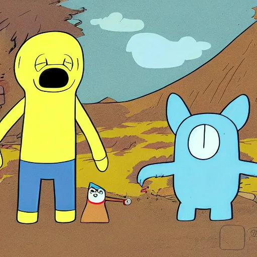 Image similar to finn the human and jake the dog on an acid trip, adventure time cartoon network, pendleton ward, animated, digital art, colourful