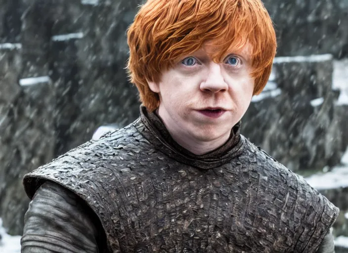 Prompt: ron weasley as thehnellor in game of thrones, rupert grint as thehnellor in game of thrones, handsome portrait of the actor, live action film, cinematic photo, clear hd image