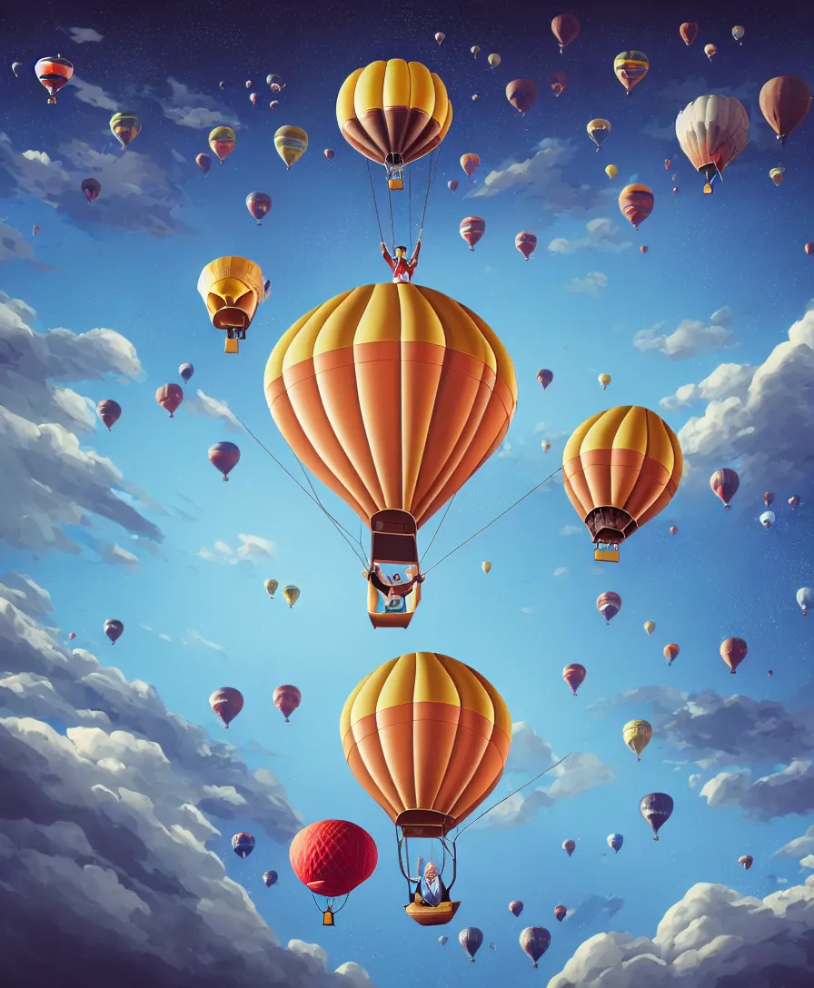 Prompt: highly detailed portrait of a man flying in hot air balloon in the space, in the style of greg rutsowski, wide angle shot, hyper realistic, concept art, 8 k detail post - processing
