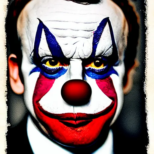 Image similar to portrait of macron as a clown, symmetrical, nikon 3 5 mm photography, ultrarealistic