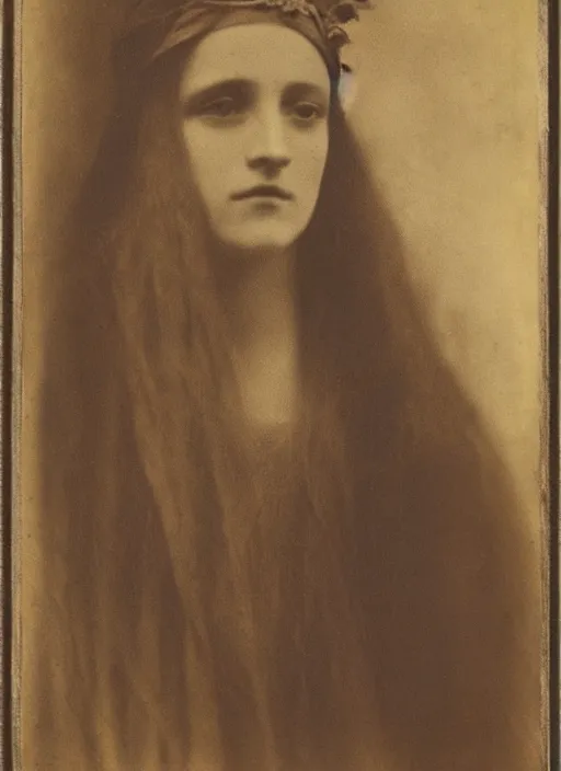 Image similar to portrait of young woman in renaissance dress and renaissance headdress, art by julia margaret cameron