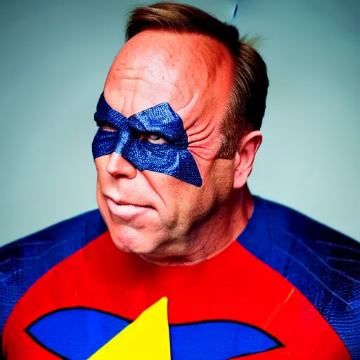 Image similar to UHD candid photo of Alex Jones dressed as a cosmic superhero, wearing red white and blue, accurate face, UHD, photorealistic, correct face, photo by Annie Leibowitz