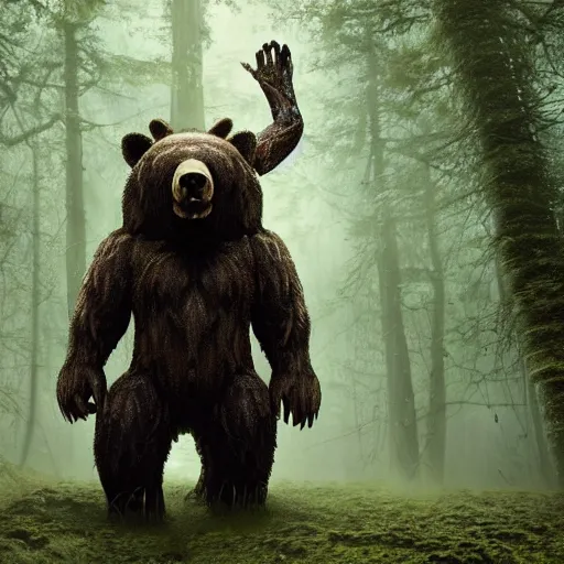 Image similar to a giant bear-shaped lovecraft monster beast with 6 arms running quickly through a woodland, scary bear monster, 4 arms, magical forest, fantasy, Ireland, England, king Arthur, Lord of the rings, cinematic, realistic style, beautiful, majestic, dramatic lighting, early morning, dawn CGsociety, realistic, hyper maximalist, golden ratio, octane render, rule of thirds, wide shot , 8k resolution, epic volumetric light, cinematography, concept art, Artstation trending, environments, fantasy