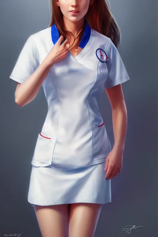 Prompt: full body photo of a gorgeous young woman wearing a nurse outfit in the style of stefan kostic, realistic, sharp focus, 8k high definition, insanely detailed, intricate, elegant, art by stanley lau and artgerm