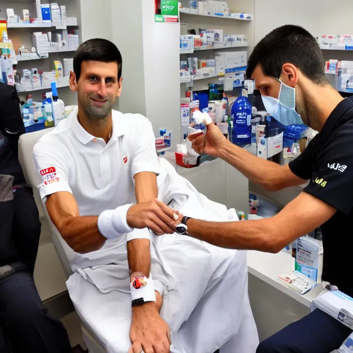 Prompt: novak djokovic getting a flu shot at the local pharmacy