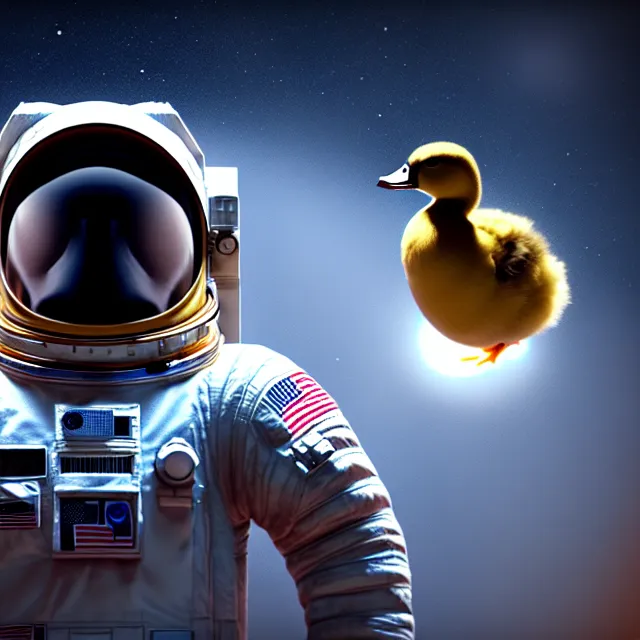 Image similar to epic portrait of an astronaut duckling, awesome gorgeous symmetrical perfect octane vfx maya render realistic