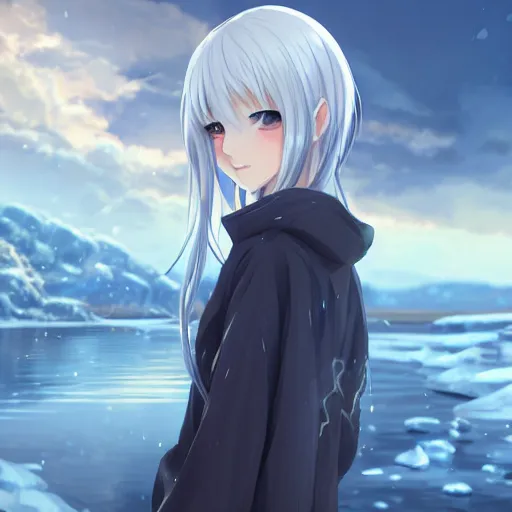 Prompt: a very beautiful anime girl, full body, long silver hair, sky blue eyes, full round face, short smile, casual clothes, ice snowy lake setting, cinematic lightning, medium shot, mid-shot, highly detailed, trending on Artstation, Unreal Engine 4k, cinematic wallpaper by Stanley Artgerm Lau, WLOP, Rossdraws, James Jean, Andrei Riabovitchev, Marc Simonetti, and Sakimichan