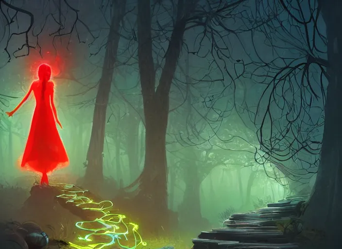 Image similar to a woman with [ red energy emanating from her hand ]!, stands in the middle of a pathway in a timid forest, trending on cgsociety, digital art, illustrated by max hay and anton fadeev, bioluminescent atmosphere, back view, intricate