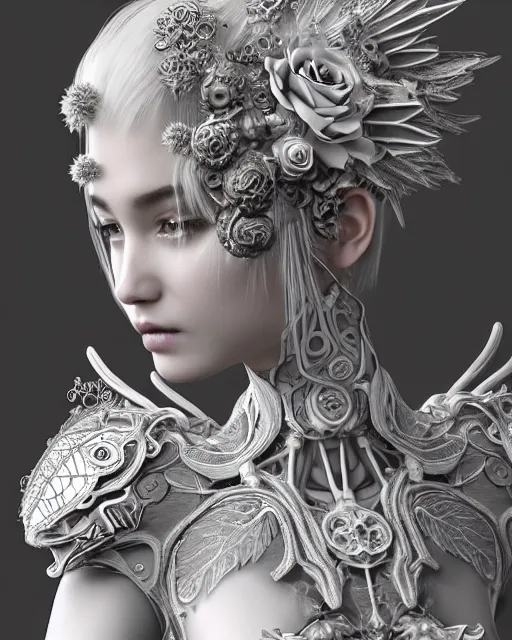 Image similar to bw dreamy close - up profile face, beautiful young porcelain intricate steampunk bio - mechanical vegetal - dragon - cyborg - female, white roses ornate metallic armour, white fluffy feathers, fine mandelbrot fractal lace, 1 5 0 mm, soft rim light, elegant, hyper real, ultra detailed, octane render, hg giger, 1 6 k