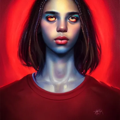 Image similar to colorful and festive captivating teenager with straight brown hair covering his eye, dark skin, big lips, big eyes, wearing a red t - shirt. rich vivid colors, ambient lighting, dynamic lighting, 4 k, atmospheric lighting, painted, intricate, highly detailed by charlie bowater