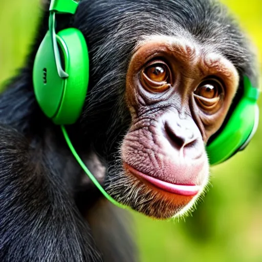 Prompt: a photo of a green chimp wearing headphones