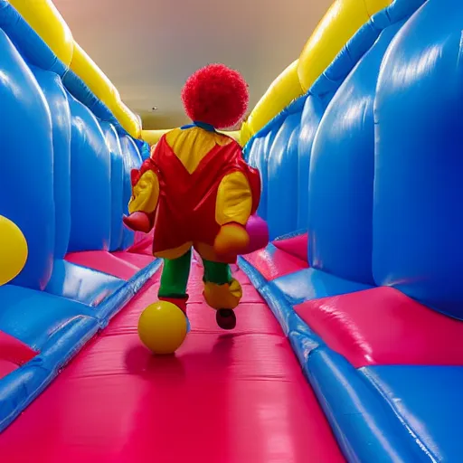 Prompt: chased by a creepy clown in an endless corridor made of bouncy castle