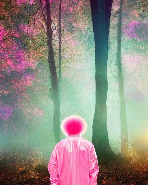 Prompt: man with pink glowing afro wearing disco jacket, standing in atmospheric spring forest at night, high contrast photoshop digital painting, beautiful moon lighting, best of artstation 4 k