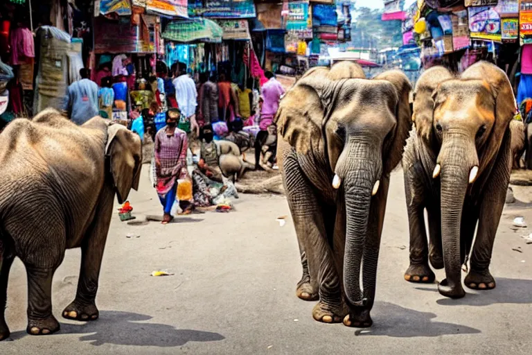 Prompt: elephants walking through an street market in India