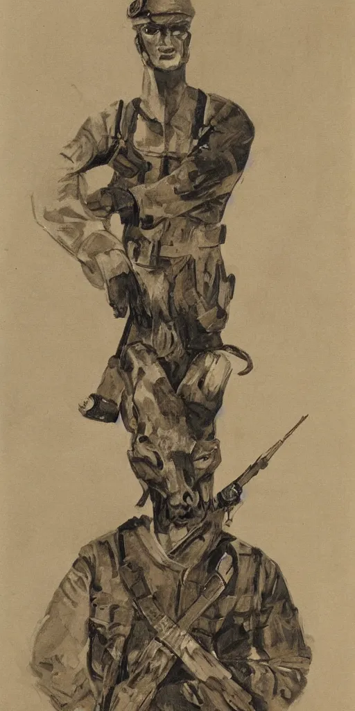 Prompt: soldier with the head of a giraffe and the body of an orangutan