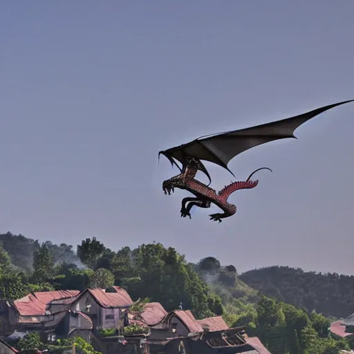 Prompt: dragon flying over village