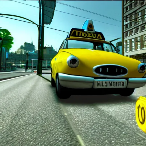 Prompt: ps 2 game about a frog driving a taxi, unreal 4 screenshot,