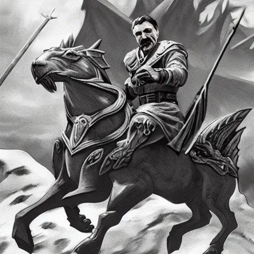 Prompt: Photo of Joseph Stalin riding the dragon from skyrim ,