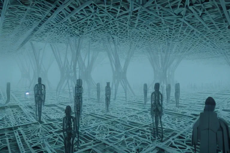 Image similar to a complex organic fractal 3 d ceramic skeleton megastructure, cinematic shot, foggy, 3 point lighting, photo still from movie by denis villeneuve