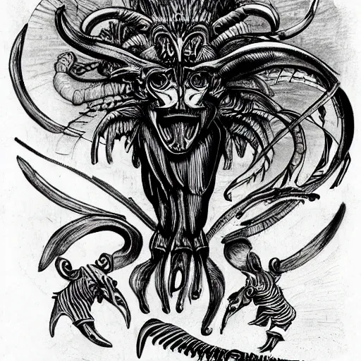 Image similar to a creature with the body and eyes of a man, with the beak of an eagle, the mane of a lion, and the horn of a bull. drawn by h. r. giger