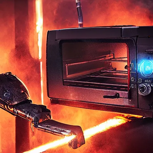 Image similar to toaster oven terminator robot, dark messy smoke - filled cluttered workshop, dark, dramatic lighting, orange tint, sparks, cinematic, highly detailed, sci - fi, futuristic, movie still