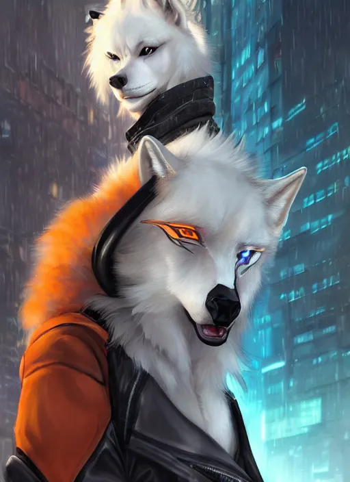 Prompt: award winning beautiful portrait commission of a male furry anthro albino wolf fursona with a tail and a cute beautiful attractive detailed furry face wearing stylish black, orange and blue cyberpunk biker clothes standing on top of a high rise in a cyberpunk city at night while it rains. Character design by charlie bowater, ross tran, artgerm, and makoto shinkai, detailed, inked, western comic book art