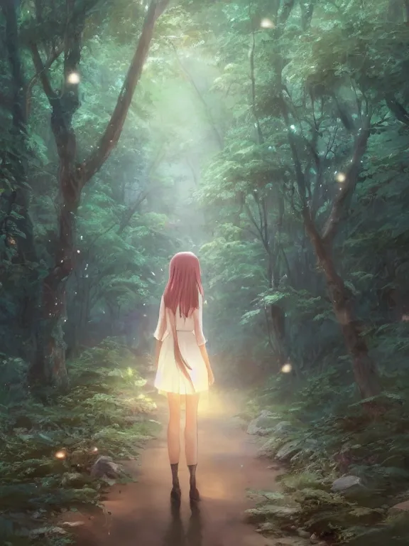 Image similar to an angel walking through a forest, holy aura. 8 k, octane render. by makoto shinkai, stanley artgerm lau, wlop, rossdraws, james jean, andrei riabovitchev, marc simonetti, krenz cushart, sakimichan, d & d trending on artstation, digital art.