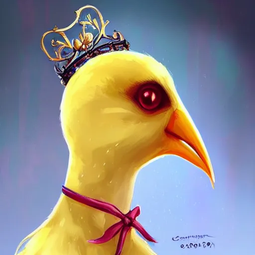 Prompt: an elegant yellow bird wearing a crown and a red bow tie in the style of Charlie Bowater, very very beautiful, high quality, detailed, 4k, digital art, artstation, smooth