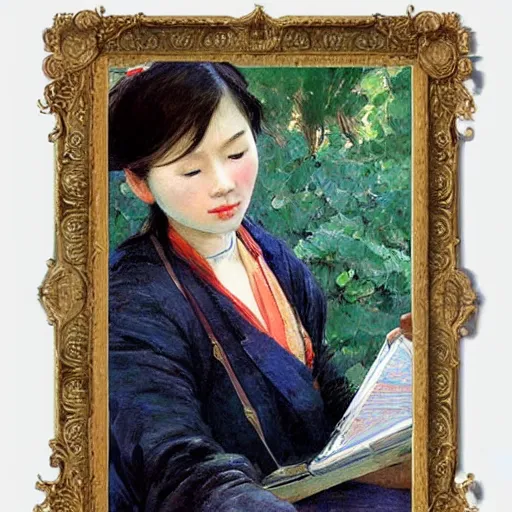 Image similar to portrait of asian beautiful woman reading from smartphone masterpiece painting by vasnetsov and surikov, JEAN-VICTOR BERTIN, by Terence Cuneo, detailed, t artfully traced