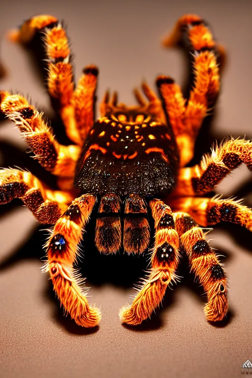 Image similar to high quality close-up photo rococo holographic tarantula! jewelled gorgeous! highly detailed david ligare elson peter cinematic orange neon lighting high quality low angle hd 8k sharp shallow depth of field