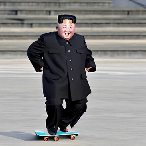 Prompt: Kim jong un riding a skateboard