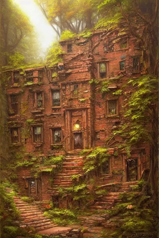 Prompt: (((((a ramshackle manhattan brick brownstone deep in the forest))))) by Justin Gerard!!!!!!!!!!!!!!!!!!!!!!!!!!!