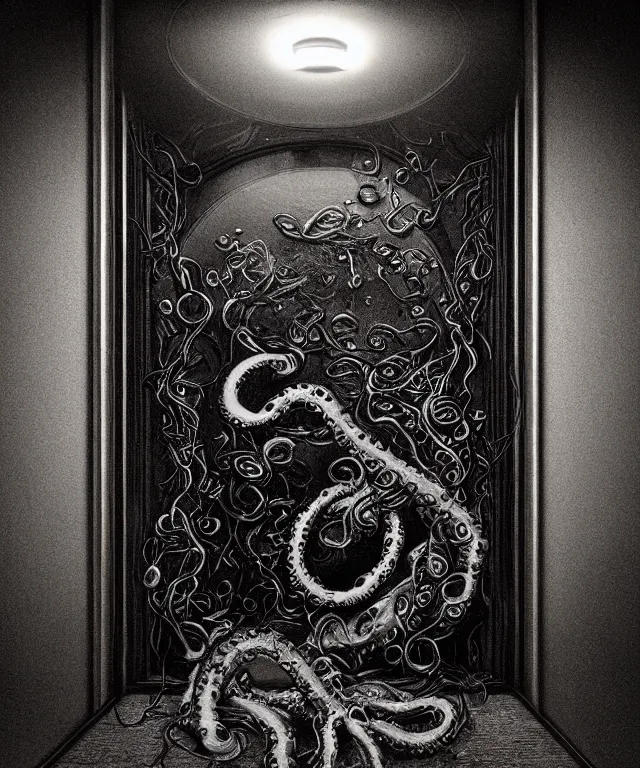 Prompt: horrifying photorealistic image of a 1 9 2 5 hotel elevator lobby, elevator doors look like a mouth, with a tentacle - shaped tongue, licking out, dark, atmospheric, brooding, smooth, finely detailed, cinematic, epic, lovecraft, in the style of lee gibbons