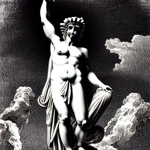 Prompt: greek statue ascending into heaven holding stacks of cash, biblical image, style of gustave dore, highly detailed, beautiful, high contrast, black and white