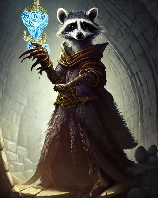 Image similar to anthropomorphic royal warlock raccoon casting a spell in a dungeon, dark souls, d & d, fantasy, intricate, action pose, elegant, highly detailed, digital painting, artstation, concept art, matte, sharp focus, illustration, hearthstone, art by artgerm, wlop, greg rutkowski and alphonse mucha