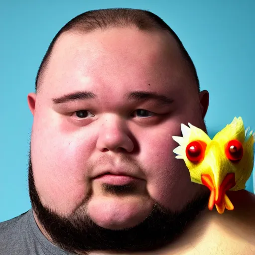 Prompt: photo, fat man with chicken head instead of his head