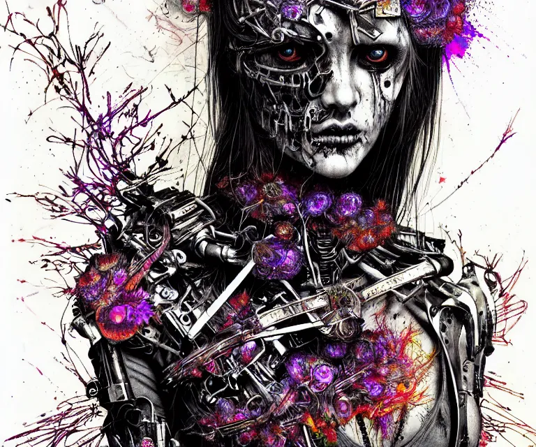 Image similar to gothic mute hybrid cyborg warrior girl, cybor clothes shaping love!, freedom fighter, eerie, cinematic, epic, 8 k, ultra realistic, rendered by awesomeness. | a psychedelic apocalypse, illustration by albrecht durer, concept art in style of carne griffiths artwork by xsullo. | backround of beautiful floweres floatingby elson, peter kemp, peter