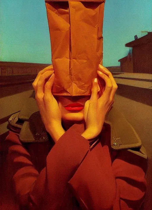 Prompt: propaganda woman portrait with a paper bag over the head Edward Hopper and James Gilleard, Zdzislaw Beksinski, highly detailed