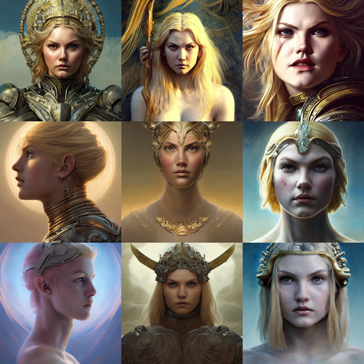 Prompt: masterpiece head-on symmetrical centered painted portrait, Elisha Cuthbert as a warrior paladin, blonde hair, saintly, glorious light, sacred, wearing full metal armour, elegant, distant, in the style of Edgar Maxence and Ross Tran and Zdzisław Beksiński and Michael Whelan and Mucha, 8k, octane render