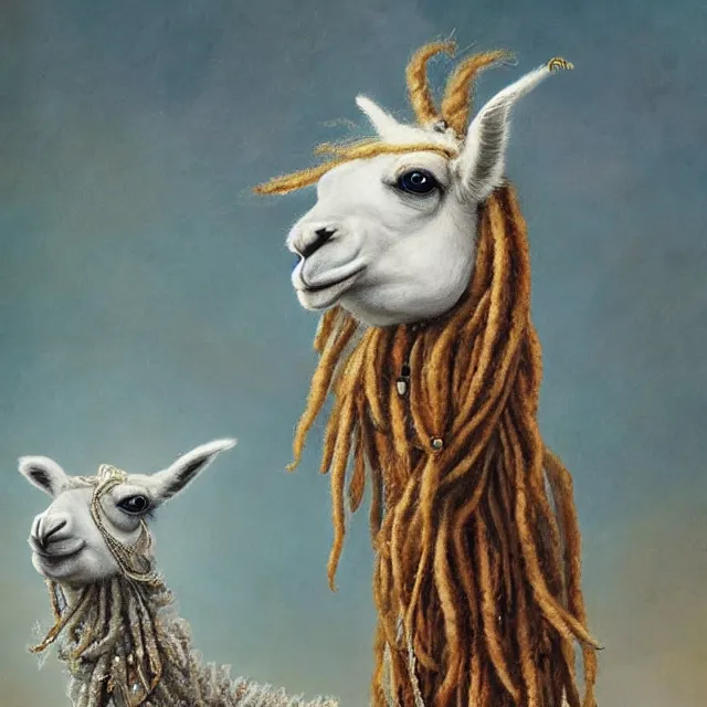 Prompt: llama with dreadlocks, by mandy jurgens, ernst haeckel, ron embleton, james jean