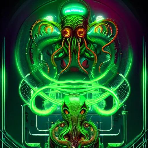 Image similar to poster style, a beautiful and terrifying painting with high details a digital portrait of lovecraftian tech god, green neon cyber cthulhu, cyber noir, movie atmosphere, movie lights, 8 k, light effect, rtx on, trending on artstation, by kilian eng, lee madgwick, bastien lecouffe - deharme