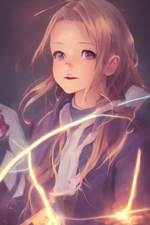 Image similar to a cute wizard girl conjuring a lightening ball, character art portrait, anime key visual, official media, illustrated by wlop, extremely detailed, 8 k, trending on artstation, cinematic lighting, beautiful,