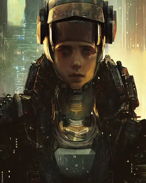 Prompt: maya hawke as cyberpunk armored gunman, scifi character portrait by greg rutkowski, esuthio, craig mullins, 1 / 4 headshot, cinematic lighting, dystopian scifi gear, gloomy, profile picture, mechanical, half robot, implants, steampunk