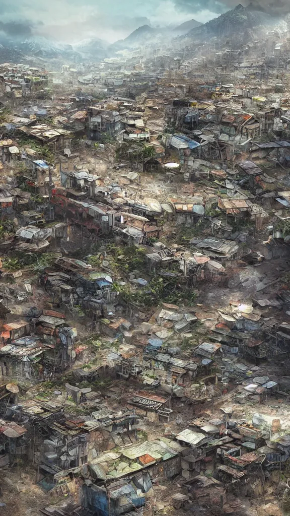 Image similar to a beautiful highly detailed matte painting of a huge derelict cargo favela by Jose Daniel Cabrera Pena and Leonid Kozienko, concept art