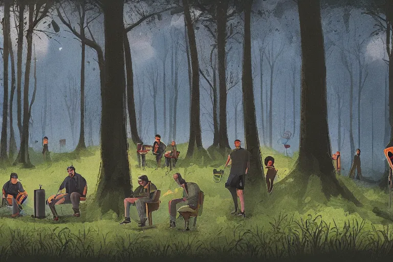 Image similar to mid - thirties guys binge drinking in a forest, in the style of simon stalenhag